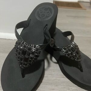 Black BCBG Jeweled Wedge Sandals